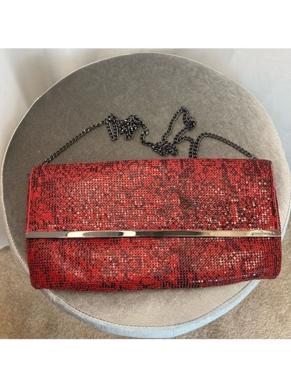 BCBGMAXAZRIA red snake print mesh chain metal clutch purse
